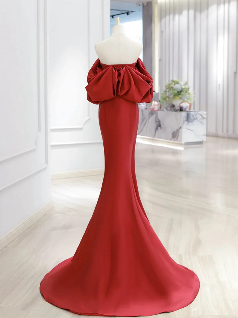 Off Shoulder Satin Dark Red Mermaid Long Prom Dress