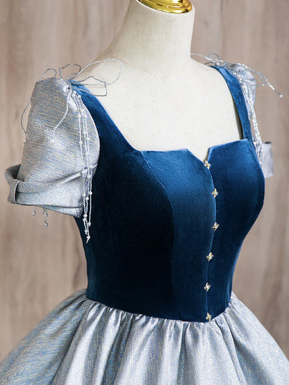 A-line Puff sleeves Blue Long Prom Dress Blue Long Formal Dress
