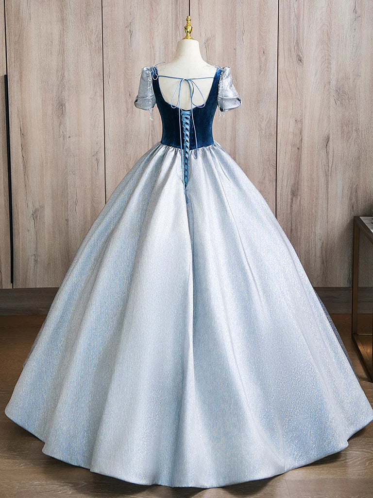 A-line Puff sleeves Blue Long Prom Dress Blue Long Formal Dress