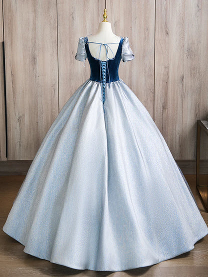 A-line Puff sleeves Blue Long Prom Dress Blue Long Formal Dress