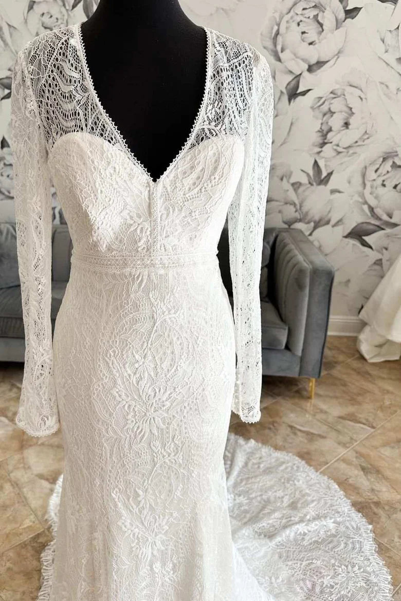 Lace V-Neck Lace-Up Back Long Sleeve Mermaid Wedding Dress