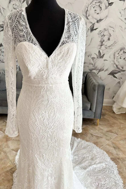 Lace V-Neck Lace-Up Back Long Sleeve Mermaid Wedding Dress