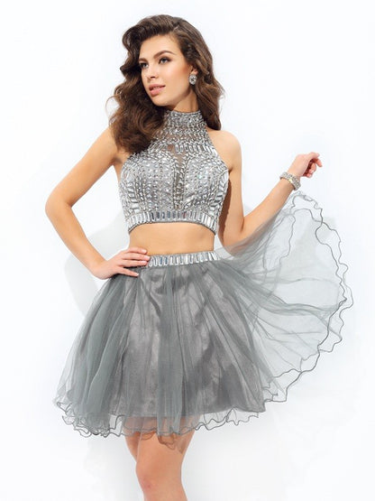 Elegant Princess High Collar Ruffle Edge Sleeveless Short Mesh Two Piece Dress