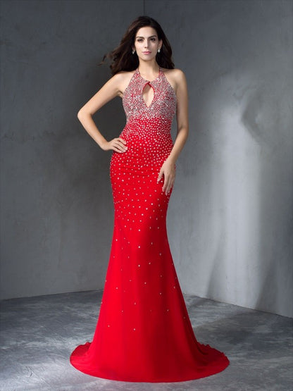 Speaker sexy slim fit mermaid beaded sleeveless long chiffon dress