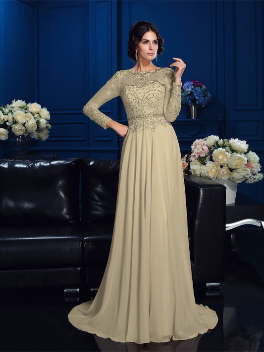 A-line princess style hollowed out long sleeved chiffon bridal mother dress
