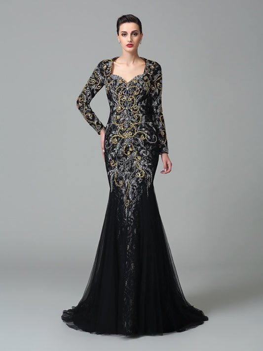 Small slim fit mermaid sweet beaded long sleeved long mesh dress