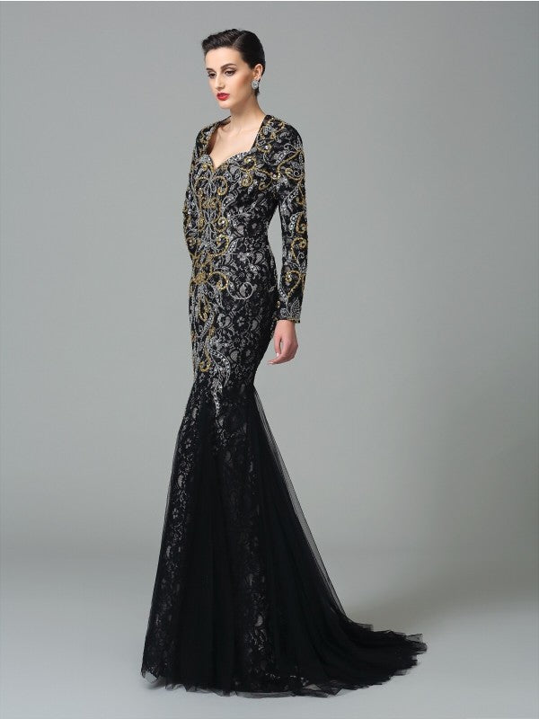 Small slim fit mermaid sweet beaded long sleeved long mesh dress