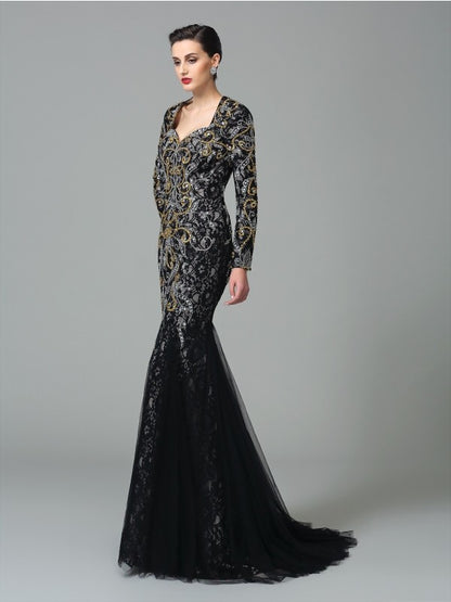 Small slim fit mermaid sweet beaded long sleeved long mesh dress