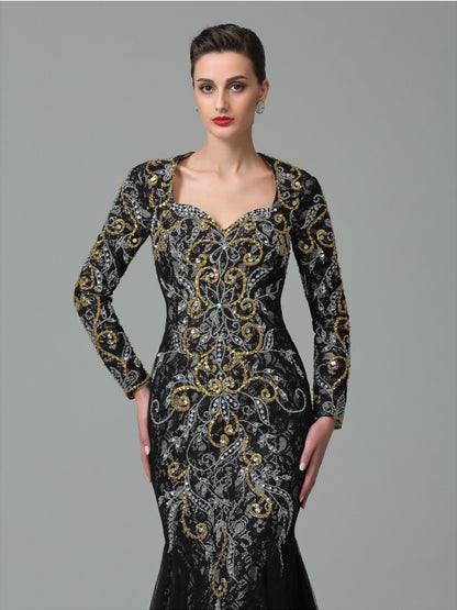 Small slim fit mermaid sweet beaded long sleeved long mesh dress