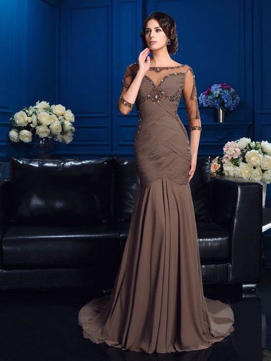 Slim fit cylindrical spoon beaded 3/4 sleeve chiffon long bridal mother dress