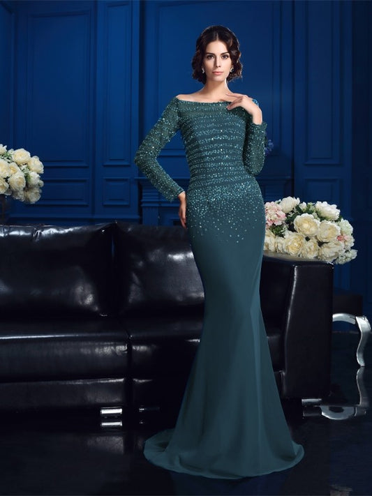 Skirt Off Shoulder Beaded Long sleeved Chiffon Bride Mom Dress