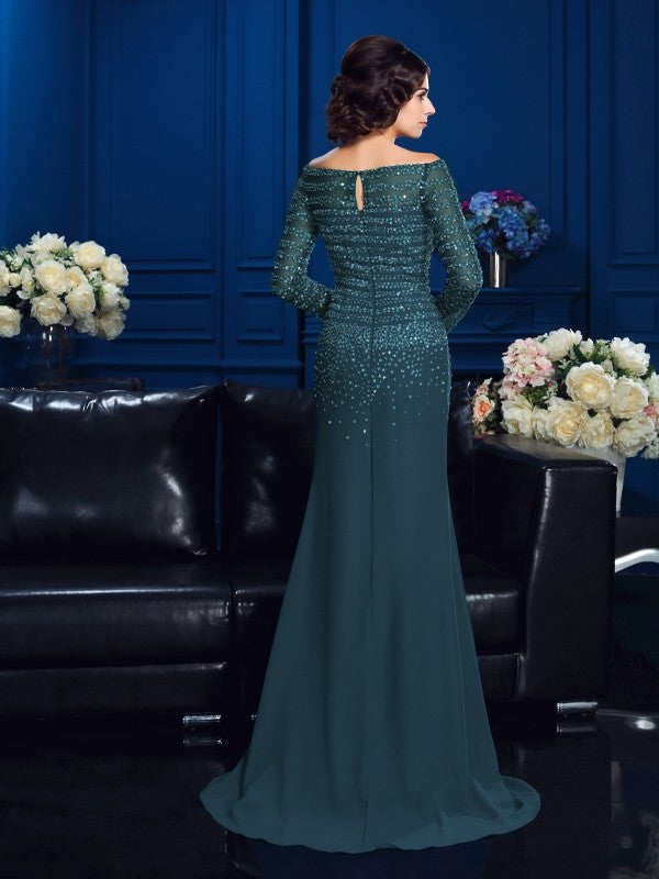 Skirt Off Shoulder Beaded Long sleeved Chiffon Bride Mom Dress