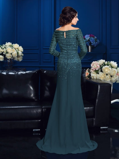 Skirt Off Shoulder Beaded Long sleeved Chiffon Bride Mom Dress