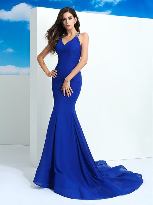 Elegant column lace up beaded sleeveless long sexy chiffon dress