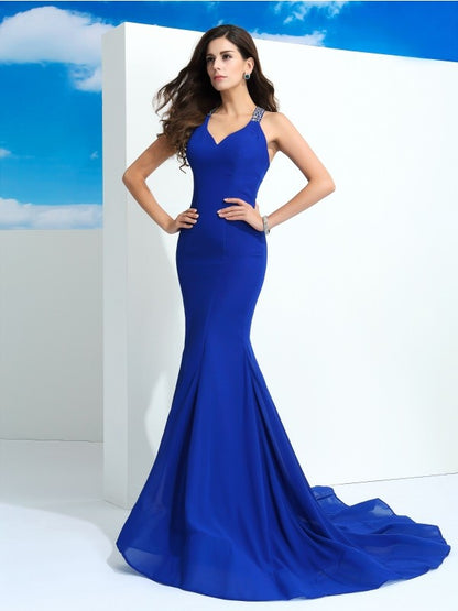Elegant column lace up beaded sleeveless long sexy chiffon dress