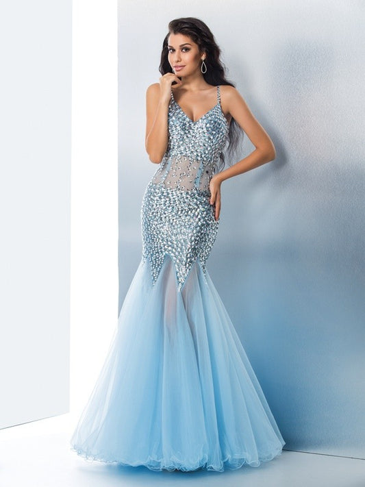 Slim fit mermaid spaghetti strap sequin sleeveless long sheer dress