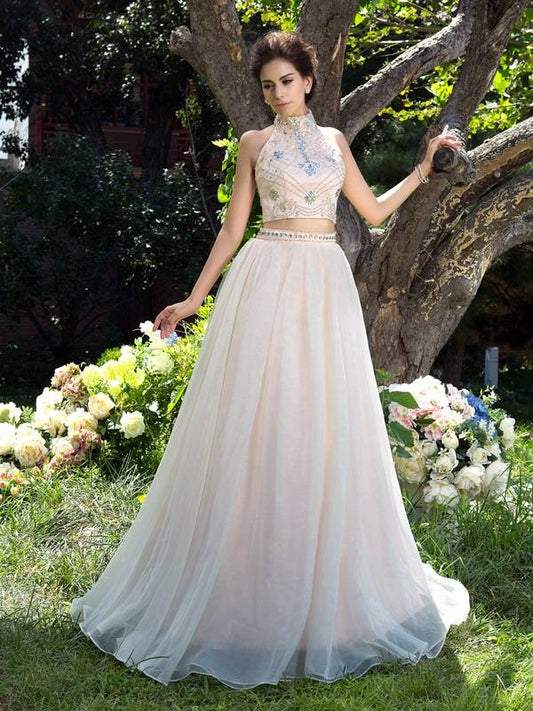 Elegant Princess High Collar Beaded Sleeveless Long Mesh Two Piece Dress