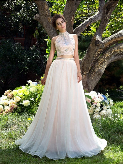 Elegant Princess High Collar Beaded Sleeveless Long Mesh Two Piece Dress