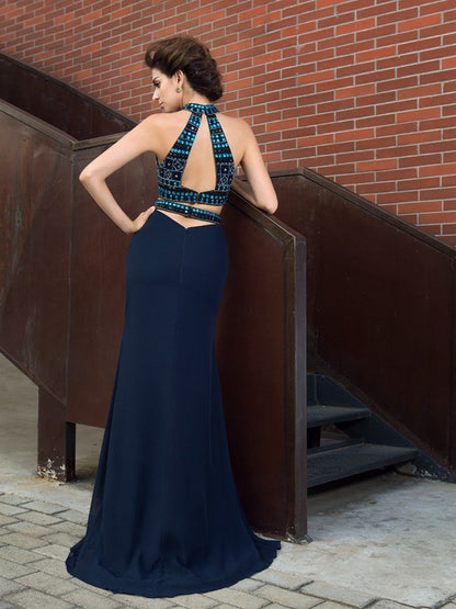 Slim fit cylindrical high neck beaded sleeveless long chiffon two-piece dress
