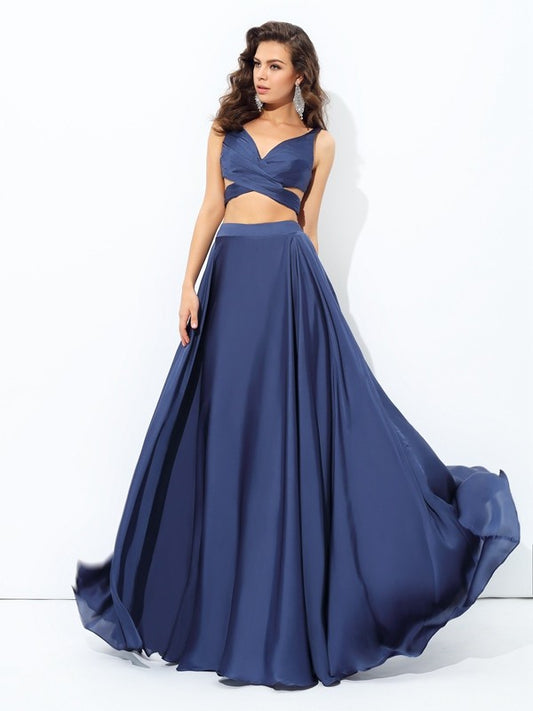 A-line sexy princess strap sleeveless long satin chiffon two-piece dress