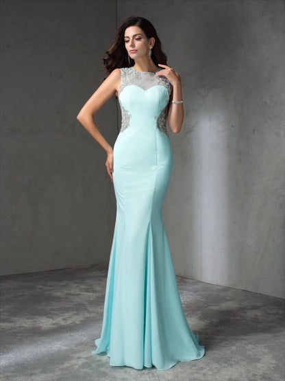 Mermaid Jewelry Beaded Sleeveless Long Chiffon Party Dress
