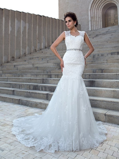 Loudspeaker slim fit mermaid V-neck sticker sleeveless lace wedding dress