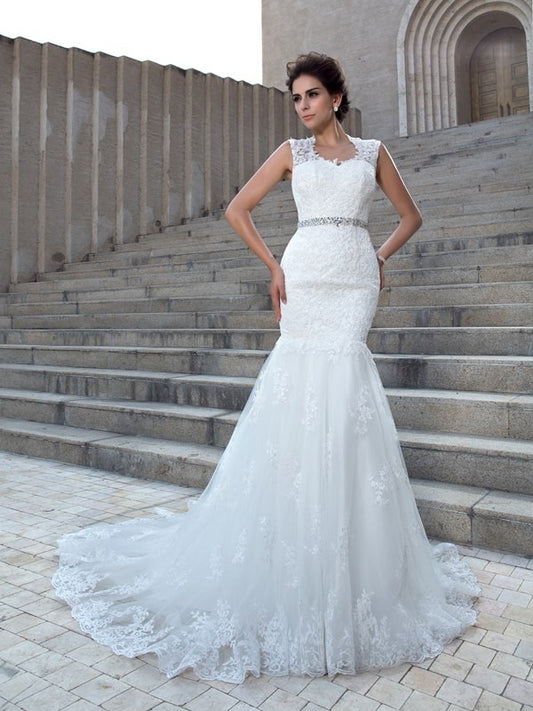 Loudspeaker slim fit mermaid V-neck sticker sleeveless lace wedding dress