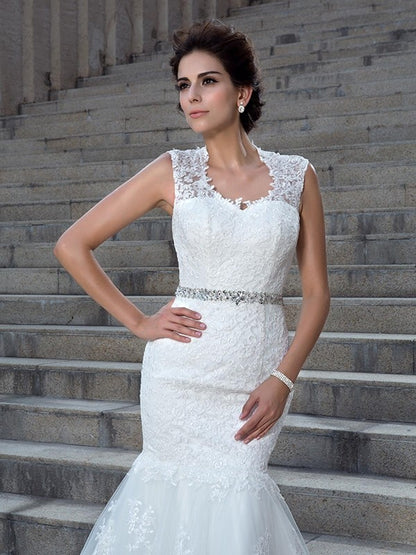 Loudspeaker slim fit mermaid V-neck sticker sleeveless lace wedding dress