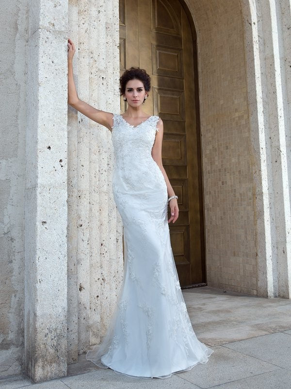 Loudspeaker slim fit mermaid V-neck sticker sleeveless long mesh wedding dress
