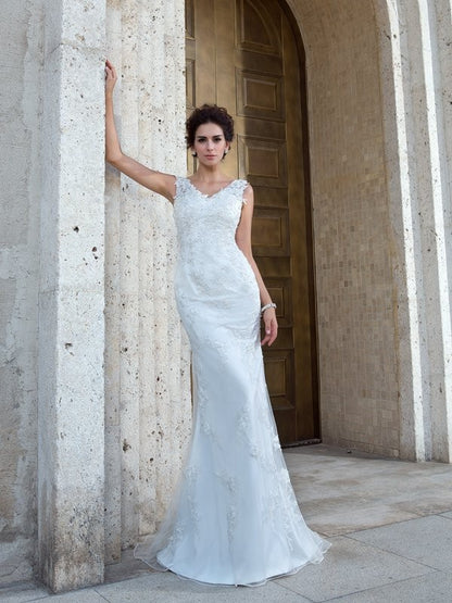 Loudspeaker slim fit mermaid V-neck sticker sleeveless long mesh wedding dress