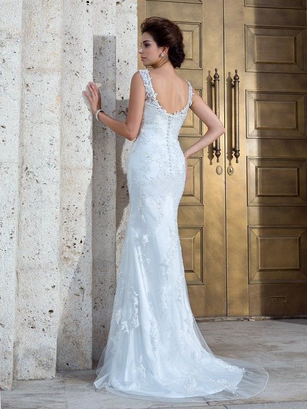 Loudspeaker slim fit mermaid V-neck sticker sleeveless long mesh wedding dress