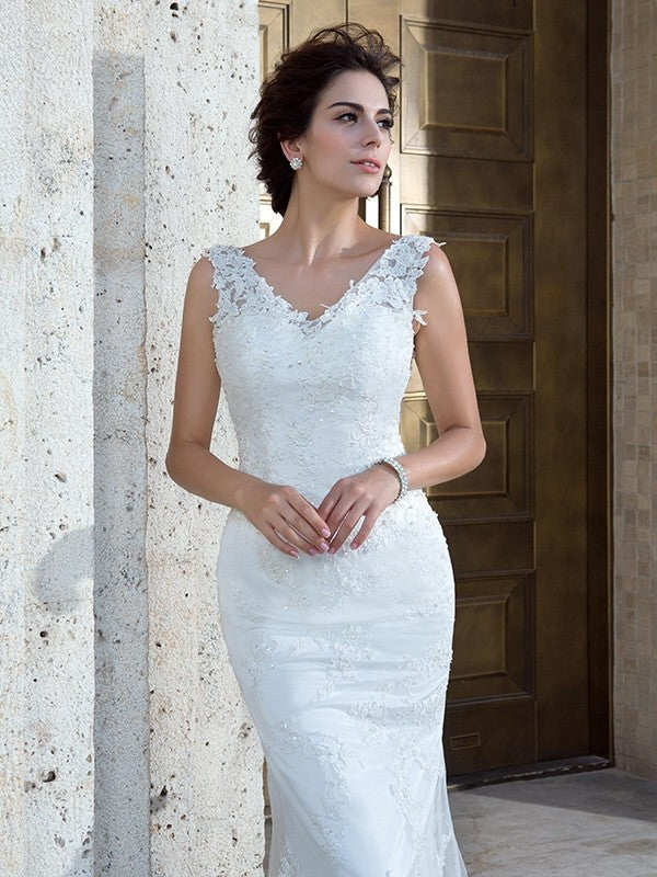 Loudspeaker slim fit mermaid V-neck sticker sleeveless long mesh wedding dress