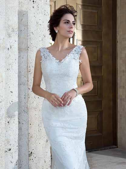 Loudspeaker slim fit mermaid V-neck sticker sleeveless long mesh wedding dress