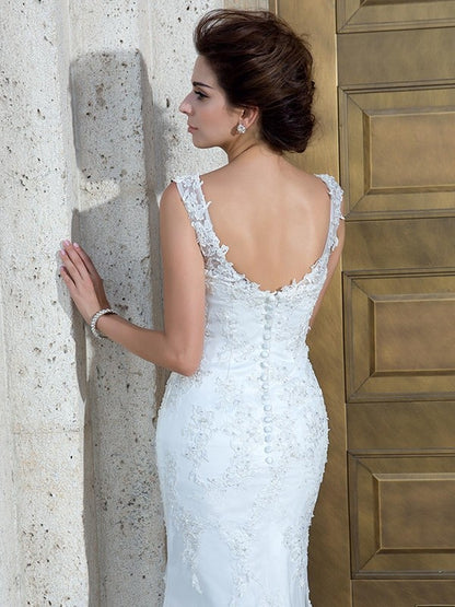 Loudspeaker slim fit mermaid V-neck sticker sleeveless long mesh wedding dress