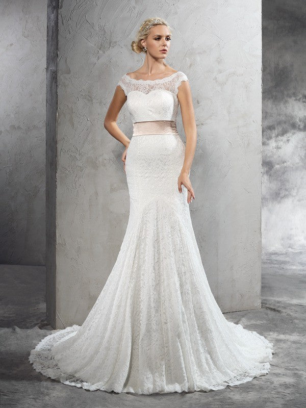 Sheath cylinder slanted collar satin belt sleeveless lace wedding dress