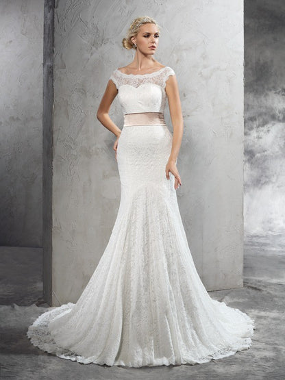Sheath cylinder slanted collar satin belt sleeveless lace wedding dress