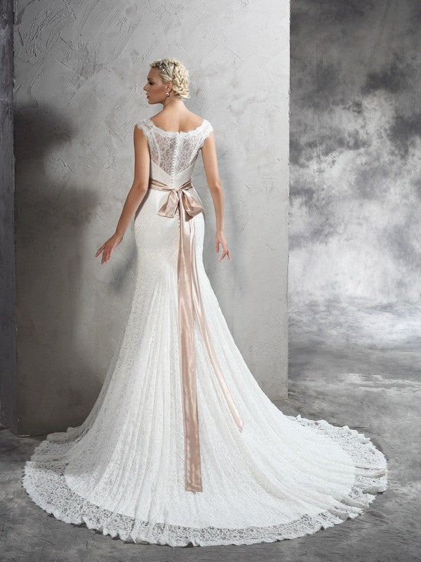 Sheath cylinder slanted collar satin belt sleeveless lace wedding dress