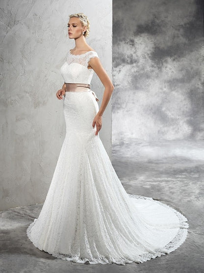 Sheath cylinder slanted collar satin belt sleeveless lace wedding dress