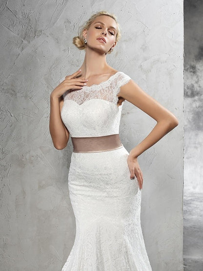 Sheath cylinder slanted collar satin belt sleeveless lace wedding dress