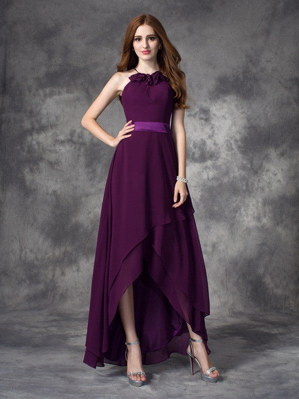 Princess backless ruffled edge sleeveless thin shoulder strap high and low chiffon bridesmaid dress