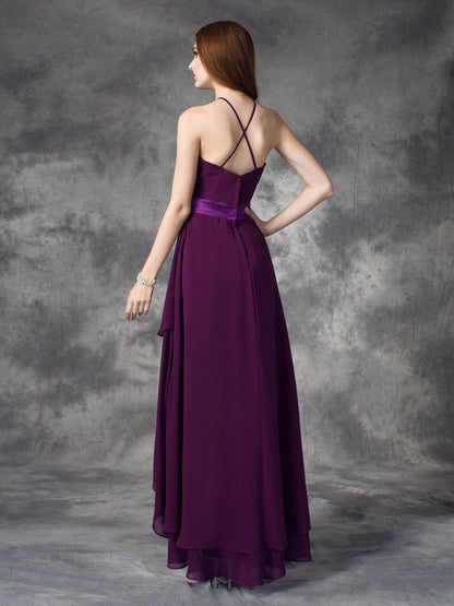 Princess backless ruffled edge sleeveless thin shoulder strap high and low chiffon bridesmaid dress