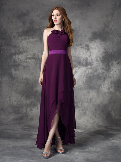 Princess backless ruffled edge sleeveless thin shoulder strap high and low chiffon bridesmaid dress