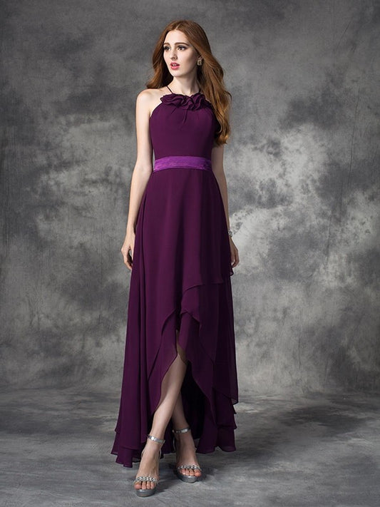 Princess backless ruffled edge sleeveless thin shoulder strap high and low chiffon bridesmaid dress