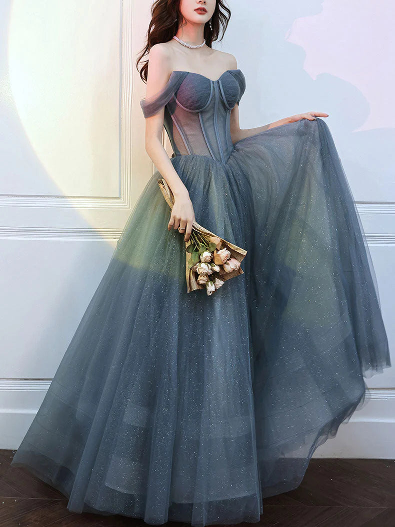 Gray blue sweetheart neck tulle long prom dress white tulle  prom dress