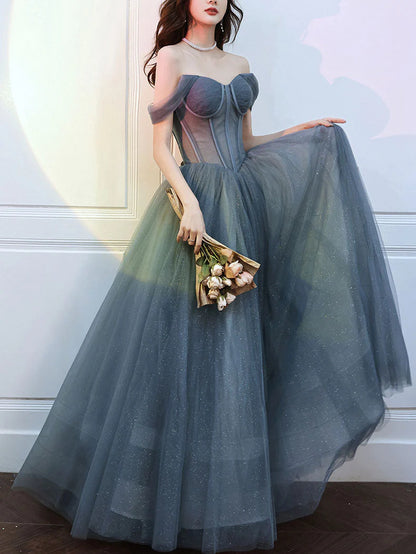 Gray blue sweetheart neck tulle long prom dress white tulle  prom dress