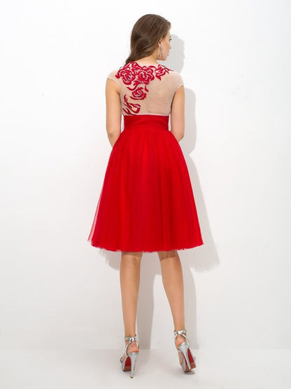 A-line Skirt Sweet Princess Naked Collar Applique Sleeveless Short Mesh Cocktail Dress