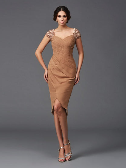 High end color dress stand up collar sweetheart decal short sleeved high and low chiffon cocktail dress