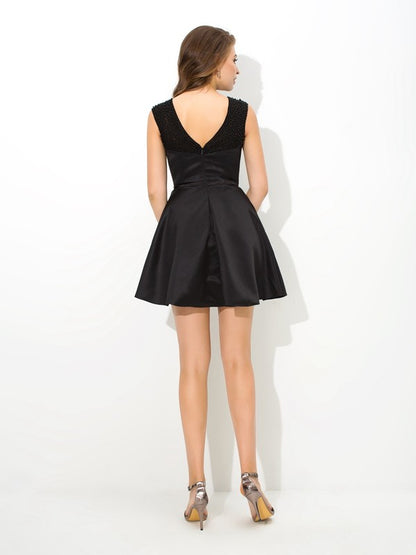 Princess Knee Length Black High Neck Belt Bow Sleeveless Short Satin Dress Dress