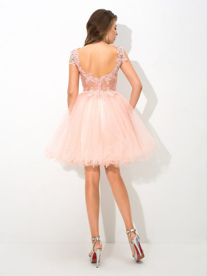 A-line Princess Neck Transparent Beaded Sleeveless Short Elastic Woven Satin Cocktail Party Dress