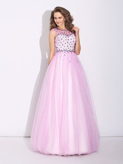 A-line Elegant Princess Gemstone Water Diamond Sleeveless Long sleeved Dress